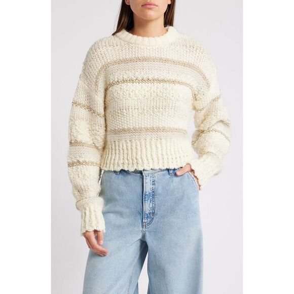 Frame Cream & Gold Striped Textured Wool Knit Sweater Size Large NWOT - Picture 1 of 11
